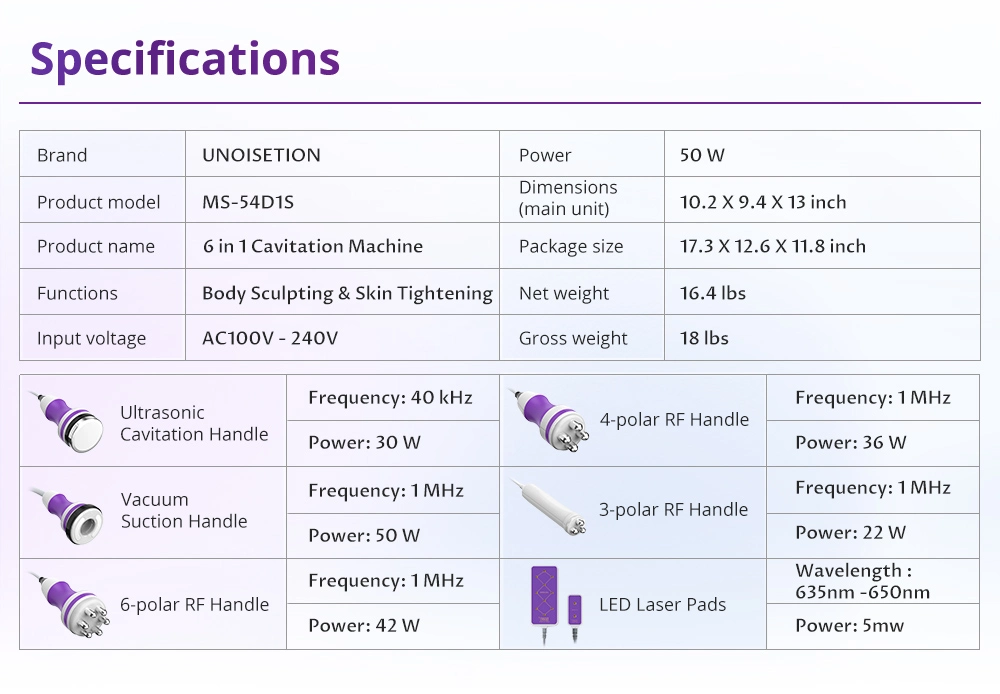 unoisetion 6 in 1 ultrasonic cavitation machine professional specification